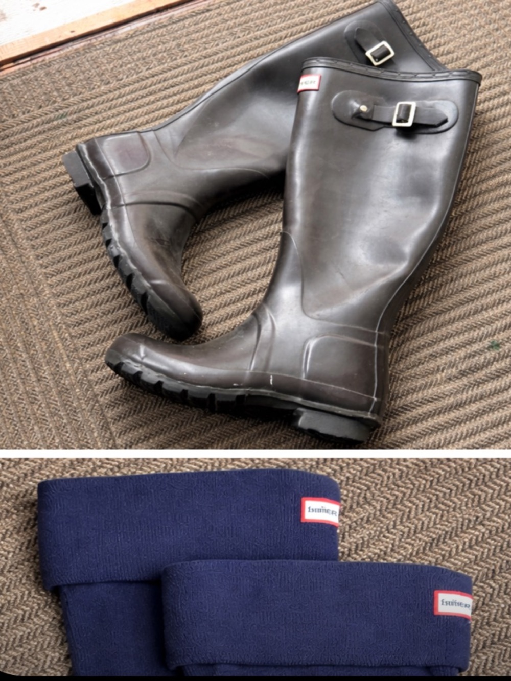 Authentic Hunter Original Tall Rain Boots and blue boot liners size 7 womens